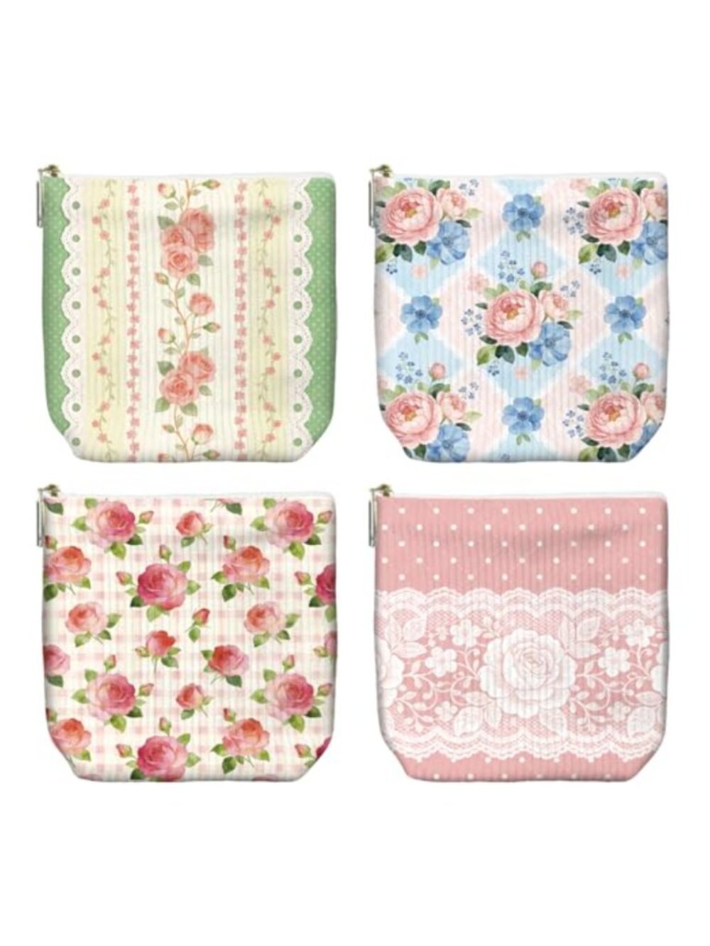 4Pc Corduroy Makeup Bag Set Vintage Lace Rose Zipper Pouches Purse Travel